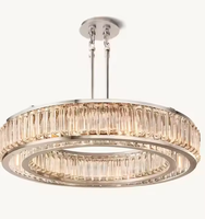 Lámpara de Techo de Estilo Clásico Americano, Diseño de Doble Anillo Negro, Cristal K9 y Cobre, para Sala de Estar o Villa