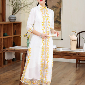 Vestido de Estilo Retro Chino, Amarillo, con Cuello Alto, Bordado, Manga Larga, Vestido de Noche, Vestido Informal para Mujer, Tallas XS, S, M, L, XL, XXL - Product Image 2