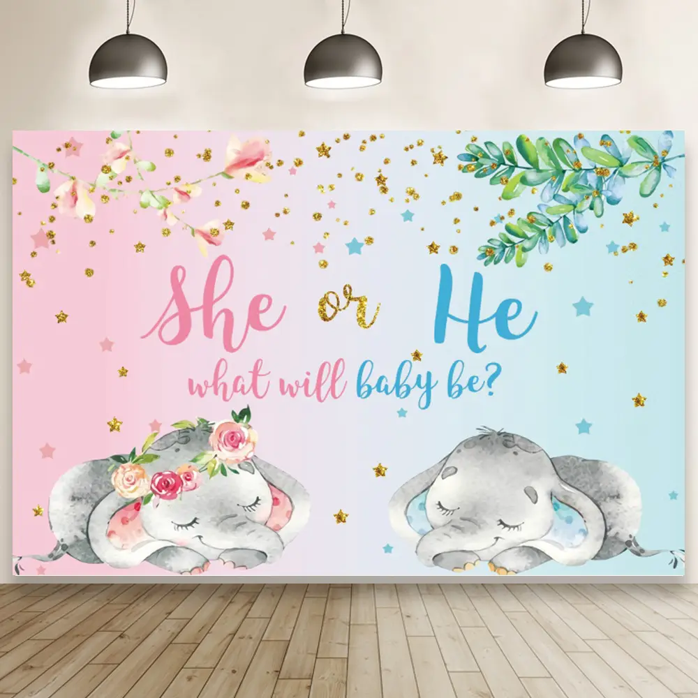 Elephant Baby Shower Background Gender Reveal Newborn Boy or Girl Poster He or She Party Photography Backdrop Family What Will