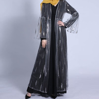 Trompette manches paillettes décoration étage longueur taille ample voir à travers noir blanc rose couleur Muslimah Abaya