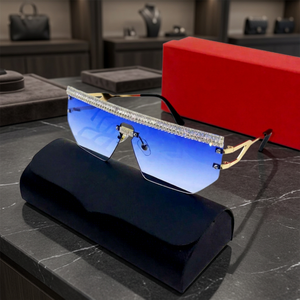 Unisex Rimless Luxury <b>Sunglasses</b> Casing Mirror Crystal Accents Anti-Reflective Gradient Blue Lenses UV Protection for Adult - Product Image 2