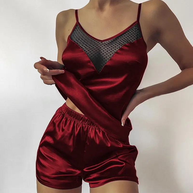 Satin Pajamas Sexy Lace Pijama Nightie Sleepwear Home Clothes Tops And Shorts Women's Silk Pajamas Solid Color Pajama Set Women