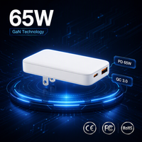 Chargeur mural rapide 65W ultra-fin GaN ignifuge à double port A+C PD3.0 QC3.0 avec prise pliable pour ordinateur portable, téléphone portable et appareil photo