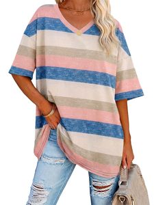 <b>Women's</b> V Neck Striped Short Sleeve T-Shirt Loose Fit Cotton Casual <b>Top</b> Spring Summer Style - Product Image 1