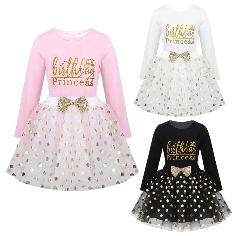 2-6Years Kids Princess Outfit Long Sleeve Shirts Tops with Polka Dots Bubble Skirt Set Birthday Dresses For Girl