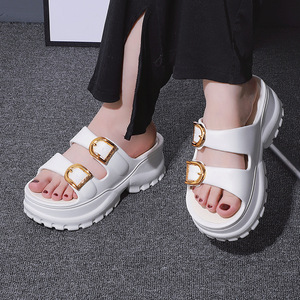 Summer Fashion Round Toe Leather Platform Heeled Sandals Height Increasing Casual Slides Slippers Slip-On Wedges Design - Product Image 3
