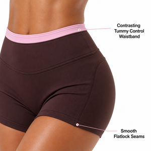 Ensemble de yoga pour femmes, respirant, sans couture, couleur espresso brun, avec bordure contrastée rose clair, soutien-gorge à col rond, short taille haute - Product Image 4
