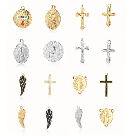 Kalung liontin salib baja tahan karat antik 18k kalung Virgin perhiasan besi tahan karat berlapis emas Pvd