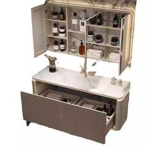 Luz de viento crema, losa de roca de lujo, mueble de baño de un lavabo curvado en caliente, mesa de lavado de baño inteligente de roble de un lavabo de cerámica - Product Image 6