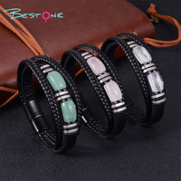 Bracelet en cuir noir classique vintage avec perles en pierre naturelle et fermoir magnétique en acier inoxydable pour anniversaire