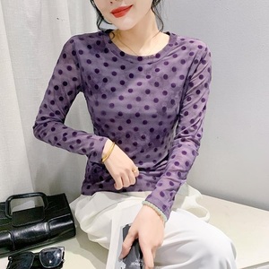 Primavera estate floccaggio a maniche lunghe Top a pois girocollo da donna Top traspirante tessuto di maglia snellente <span class=keywords><strong>vestiti</strong></span> per ragazze - Product Image 3
