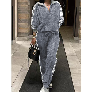 Pantalones de chándal a juego con cuello levantado de manga larga y lentejuelas de otoño para mujer, chándal de 2 piezas con patrón sólido para ropa informal de calle - Product Image 3