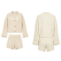 Ensemble 2 pièces tricoté pour femme, beige crème, cardigan côtelé et short, survêtement à col en V à simple boutonnage, tenue décontractée confortable