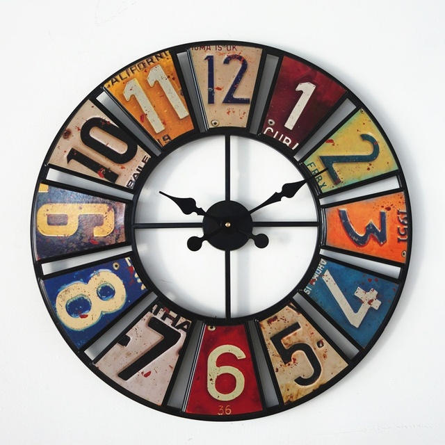 Cross-Border Creative Retro Digital License Plate Wall Clock Sticker Modern Iron Decorative Metal Clock for Living Room