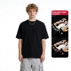 SUHE Men's Embroidered Dog Character Oversized Casual T-Shirt Short Sleeve O-Neck Black - Product Image 3