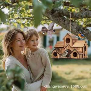 Casa de pájaros de madera de 2 pisos, tipo villa, para jardín exterior, montada en la pared, con acabado natural, decorativa, para colgar, nido para pájaros. - Product Image 5