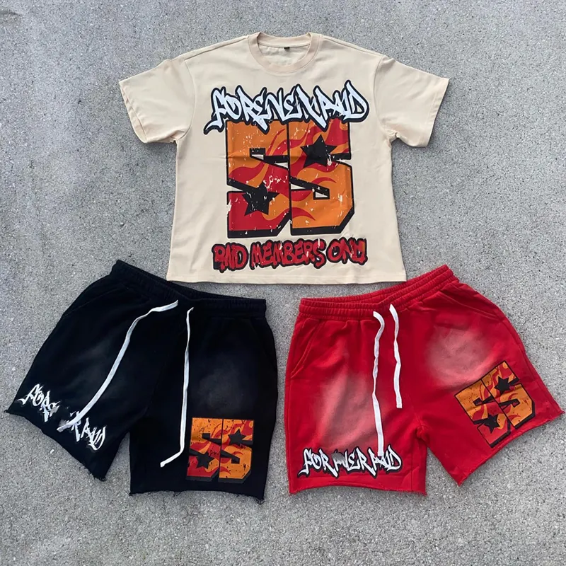 Street Wear benutzer definierte Grafik Vintage Sun Faded Acid Washed DTG T-Shirt und Shorts Männer zweiteilig Set