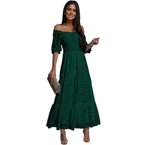 Vestido midi de encaje con hombros descubiertos, blanco, elegante, vestido de novia para mujer, con patrones 3D, cintura natural, cuello redondo, cremallera frontal - Product Image 5