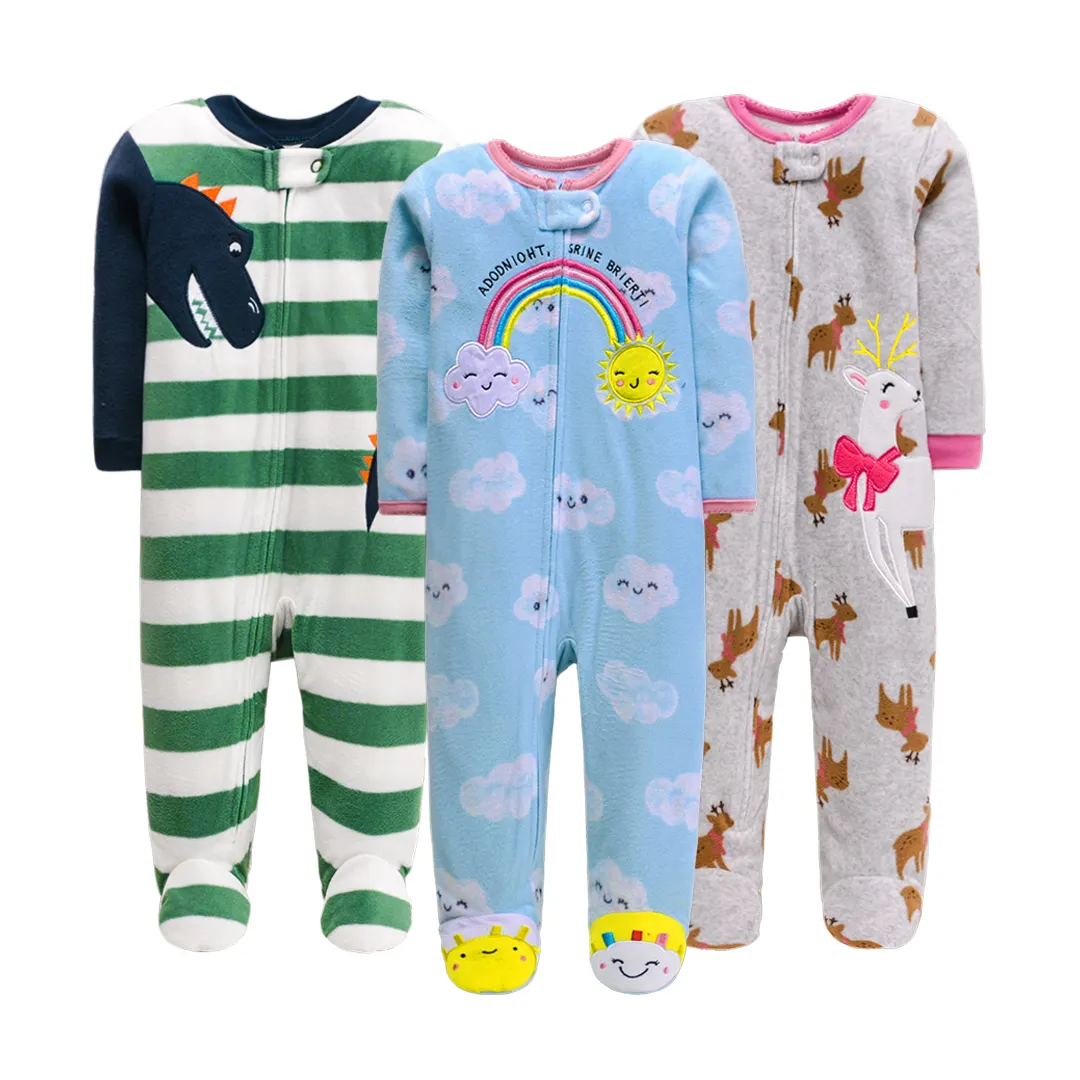 Factory Price Newborn Cartoon Print Winter Zipper Fleece Jumpsuit Girl Baby Clothes Pajama With Foot