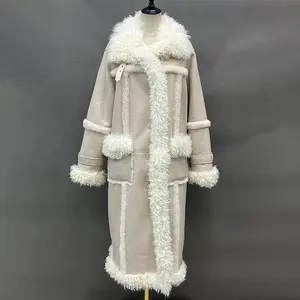 Women Soft and Luxury Shearling Long Coat Mongolian Fur Collar Winter Coat