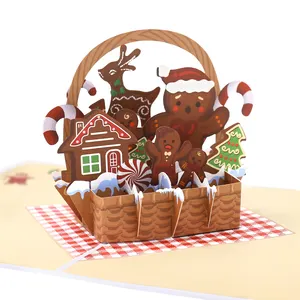 Sevimli Gingerbread sepeti 3d Pop Up kart mutlu yeni yıl zarf ile yılbaşı dekoru tebrik kartları 3d