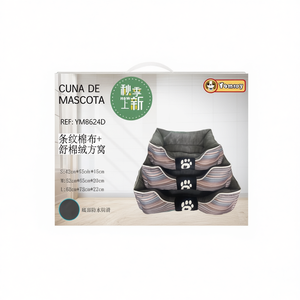 Cucce per Animali Domestici Quadrate in Tessuto di Cotone a Righe e Peluche Grigie - Product Image 2