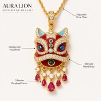 JinSpark Nouvelle Parure de Bijoux Zircon Style Chinois Danse du Lion Porte-Bonheur Plaqué Or 18K Boucles d'Oreilles Collier Bague Cadeau Festif pour Femme