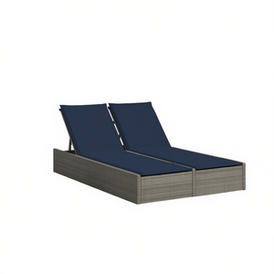 Lettino Doppio Prendisole Blu Navy Grigio in Rattan PE per Esterni con Cuscino Incluso Design Moderno - Product Image 1