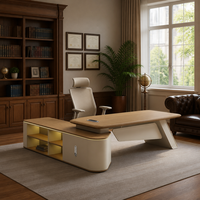 Set Scrivania Direzionale con Gambe in Metallo, MDF E1, Laminato Effetto Legno, Illuminazione LED RGB, Serratura con Codice, Arredamento Moderno