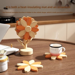 Set <span class=keywords><strong>de</strong></span> table tournesol résistant à la chaleur, design moderne et minimaliste en <span class=keywords><strong>bois</strong></span> massif, pour cuisine, table à manger, dessous <span class=keywords><strong>de</strong></span> plat pour cuisinière, support alimentaire - Product Image 4
