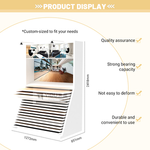 Недорогая, прочная деревянная напольная выставочная стойка на колесиках для розничных магазинов, демонстрационный стеллаж из дерева и мрамора - Product Image 4