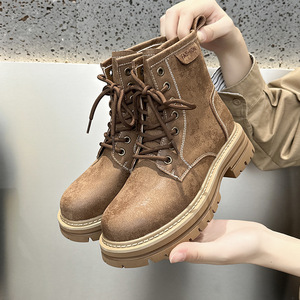 Botas de tobillo de ante lavado marrón vintage para mujer, con cordones, costuras en contraste, botas gruesas retro con plataforma gruesa, botas cortas informales para el trabajo - Product Image 1