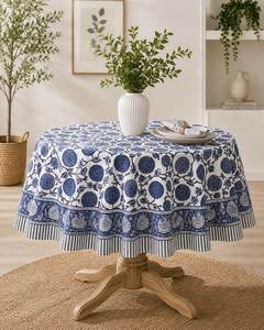 Nappe PRABHAVA de qualité supérieure, faite à la main, imprimée au bloc, 45 pouces, en lin et coton, motif floral, style moderne, lavable, personnalisable, pour fêtes - Product Image 1