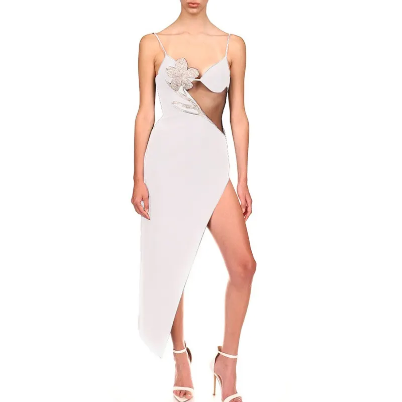 R30806S 2022 नई शैली ब्रेसिज़ परिप्रेक्ष्य तंग-फिटिंग और स्लिमिंग गुलदस्ता बेल्ट ड्रिल जाल पोशाक सेक्सी लघु शाम पोशाक