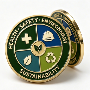 Insignia de Seguridad en la Salud, el Medio Ambiente y la Sustentabilidad, Emblema Circular de Metal Chapado en Oro con Esmalte Duro, Tema de Protección Ambiental - Product Image 5