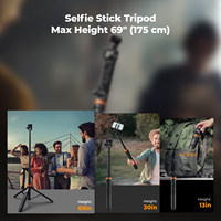 KF09.143 K&F CONCEPT MS24 Trépied perche à selfie longue portée 1,75 m, ensemble trépied perche à selfie noir et orange avec télécommande Bluetooth