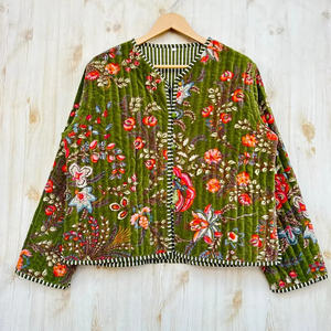 Boho Floral <b>Velvet</b> Jacket Handmade <b>Quilted</b> Winter Coat Reversible Vintage Cardigan Unisex Bohemian Outerwear Gift for Her - Product Image 1