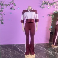 Ensemble pantalon deux pièces décontracté extensible pour femme grande taille, nouvelle collection automne, avec crop top à manches courtes et pantalon évasé taille haute