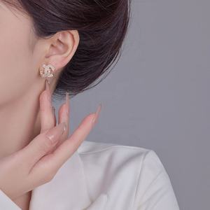 Trendy High-End Gold Plated Princess Cut Zircon Double C Stud <b>Earrings</b> <b>for</b> <b>Women</b> Light Luxury <b>Small</b> Style <b>for</b> Socialite Outfits - Product Image 3