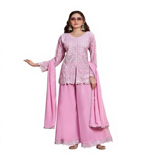 Ensemble Kurta rose brodé avec pantalon Palazzo et dupatta – Tenue décontractée ample traditionnelle indienne et pakistanaise pour femme - Product Image 1