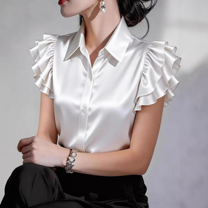 Nouvelle <span class=keywords><strong>Blouse</strong></span> d'été à revers en satin à volants et manches courtes pour <span class=keywords><strong>femme</strong></span> - Product Image 4