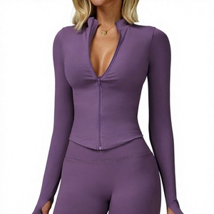 Chaqueta Deportiva de Yoga para Mujer, Manga Larga, Acanalada, Sin Costuras, de Secado Rápido, con Logotipo Frontal, para Correr, Entrenamiento, Gimnasio - Product Image 4