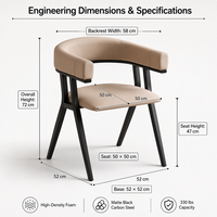 Chaise de salle à manger rembourrée beige avec dossier incurvé, assise en mousse haute densité, structure en acier carbone et pieds inclinés, 72 cm de hauteur