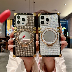 <span class=keywords><strong>Funda</strong></span> de teléfono con diamantes de imitación ostentosos de lujo con soporte de anillo de espejo, <span class=keywords><strong>funda</strong></span> protectora de borde cuadrado para <span class=keywords><strong>iPhone</strong></span> 17 16 15 14 13 12 Pro Max - Product Image 3