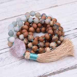 トレンドアマゾナイトジャスパーサンダルウッドビーズタッセルネックレスヨガ108ビーズマラネックレス大きな不規則な石のペンダントネックレス - Product Image 4