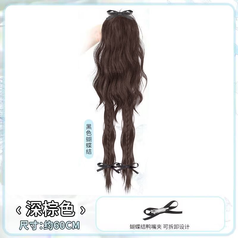 Bow-knot wavy ponytail, dark brown and black bows *3