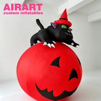 Chat noir gonflable sur citrouille, Chat sorcière gonflable avec citrouille, Chat gonflable sur Jack O'Lantern