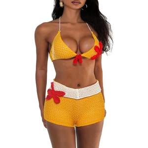 Ensemble bikini crochet d'été pour femme, haut dos nu à taille élastique et short, avec bordure contrastante, tenue de plage, cache-maillot, ensemble 2 pièces - Product Image 1