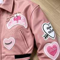 Blouson Bomber Court en Cuir PU avec Patch Chenille Personnalisé pour Femme, Blouson Moto OEM, Blouson Varsity Court Personnalisé