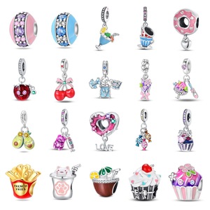 Abalorios de cobre plateado con circonitas y esmalte, con diseños de donut, café, fruta y postre, para pulseras DIY y regalos - Product Image 1